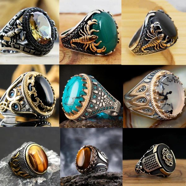 Bands faits à la main bijoux turcs gros anneaux de pierre turquoise naturelle ovale pour les hommes Retro Green Blue Blue Zircon Annexes pour femmes