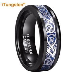 Bands iTungsten 8mm Blauw Koolstofvezel Inleg Dragon Ring Mannen Vrouwen Zwart Tungsten Wedding Band Mode-sieraden Afgeschuinde Rand Comfort Fit