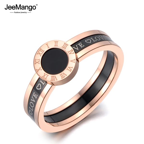 Groupes Jeemango Black Acrylique Love Roman Numerals Anneaux de mariage pour les femmes Rose Gold Couleur Titane