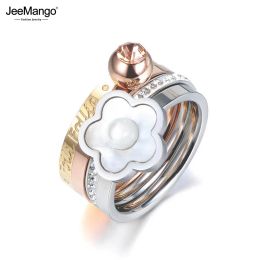 Banden JEEMANGO Classic roestvrij staal Fine Ring Sieraden Plum Blossom Shell Cubic Zirconia Bridal Wedding Engagement Rings JR18011