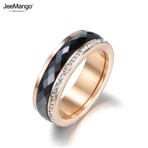 Groupes Jeemango Classic Titanium Steel Black Ceramics Anneaux bijoux Gold Color Cumbic Zirconia Anneau de fiançailles de mariage pour les femmes JR18013