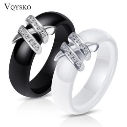 Bands Nouveaux arrivages 6 mm de haute qualité Black and White Style simple Two Line Crystal Ziron Ceramic Rings for Women Fashion Jewelry Gift