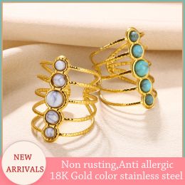 Banden Nieuw ontwerp Meerlagige opaal Roestvrijstalen ringen voor vrouwen Bohemen Natural Stone Ring Vintage Golden Jewelry Asthetic Anillos