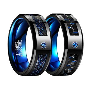 Banden Nieuwe mode 8mm Men Roestvrij staal Keltische Dragon Ring Inlay Blue Zirkon Stone Ring Blue Carbon Fiber Ring For Men Wedding Band