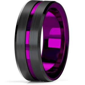 Bands Nieuwe mode 8mm Titanium roestvrijstalen ringen voor mannen Women Black Borde Purple Groove Men Promise Rings Rings trouwfeest sieraden