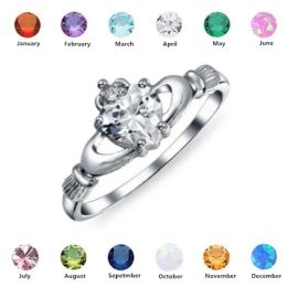 Bandas NUEVO AMOR Heart Ring con piedra de nacimiento Silver chapada irlandesa Claddagh Anillos de compromiso de boda para mujeres Mejor regalo de amantes de Navidad