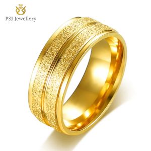 Banden psj mode mannelijke sieraden 8mm 24k gouden vergulde zandstroom gegroefde titanium roestvrijstalen vingerringen voor mannen verloving bruiloft
