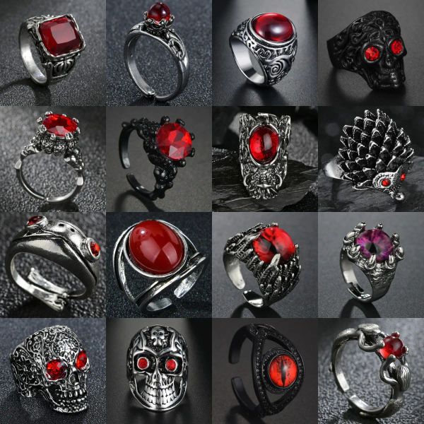 Bandes anneaux gothiques rétro pour hommes femmes crâne / dragon / grenouille / cristal rouge / couronne / vampire taille ouverte punk ring joelry en gros