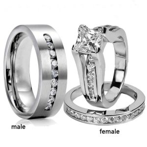 Bandes romantiques de couple zircon anneaux en acier inoxydable anneau pour hommes et sonneries de zircon en cristal simple anneau de mariage set anneau de mariage