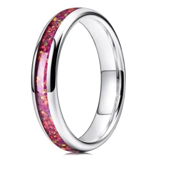 Bandes simples anneau en acier inoxydable de 4 mm pour hommes femmes Red Fire Opal Incrust de luxe Bande de fiançailles