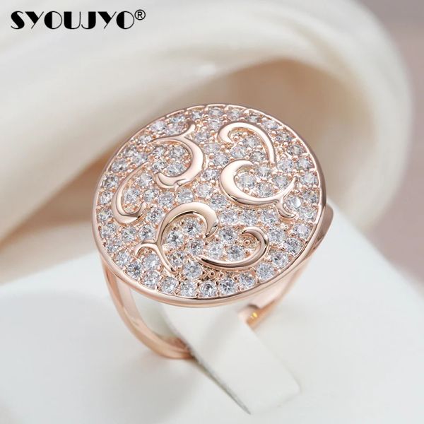 Bandas SYOUJYO Big Size 585 Rose Round Rings For Women Natural Circon Full Paved Fine Jewelry Rings Luxury Diseño de lujo