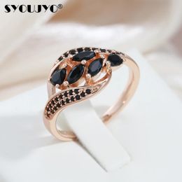 Bands Syoujyo New 585 Rose Golden Women's Ring With Water Drop Black Natural Zircon Elegant Party Wedding Jewelry Luxury Design