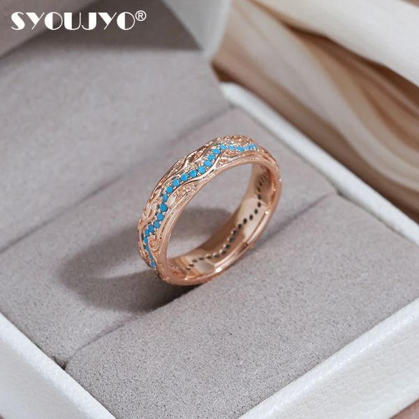 Bandas SYOUJYO VINTAGE Full Turquoise Paved Women's Ring 585 Rose Gold Color Natural Circon Jewelry Fiesta versátiles de tendencia anillos de moda regalo