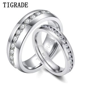 Bandes Tigrade 4/5 / 6 mm Titanium Ring Cubic Zirconia Engagement Anneau Antiallergy Men Femmes Bande de mariage Taille 3 à 13,5