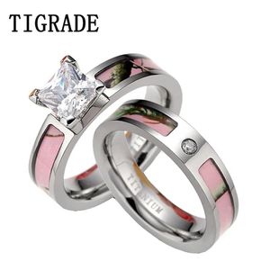 Bands Tigrade Luxe Zirkonia Roze Camo Ring Set Vrouwen Titanium Wedding Band Engaement Ringen Paar Set Ringen Grote Steen Feamle