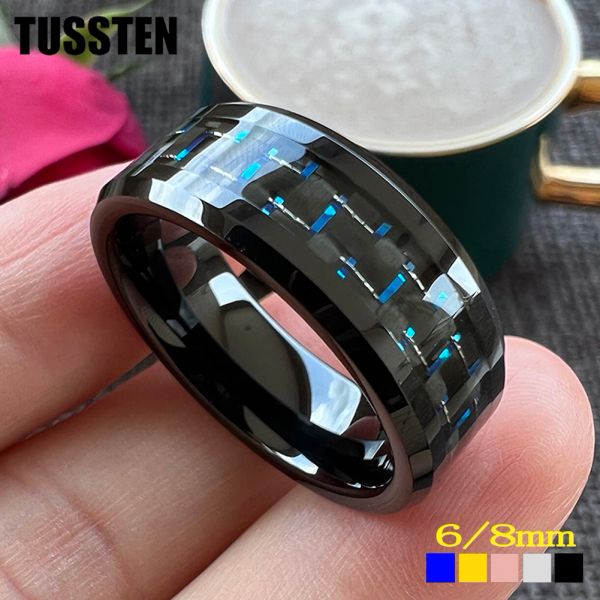 Bandes TUSSTEN 6/8MM hommes femmes tungstène alliance noir bleu fibre de carbone incrustation brillant bords biseautés confort ajustement livraison gratuite