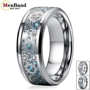 Banden uniek 8 mm wolfraamcarbide ringen trouwringen versnellingsband blauw koolstof vezel inlay mode sieraden comfort fit