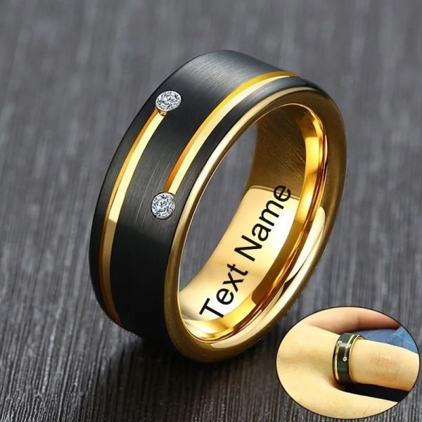 Bandes Vnox gratuit nom personnalisé anneau pour hommes noir carbure de tungstène bande de mariage avec des lignes de couleur or AAA CZ pierres Gent Anel