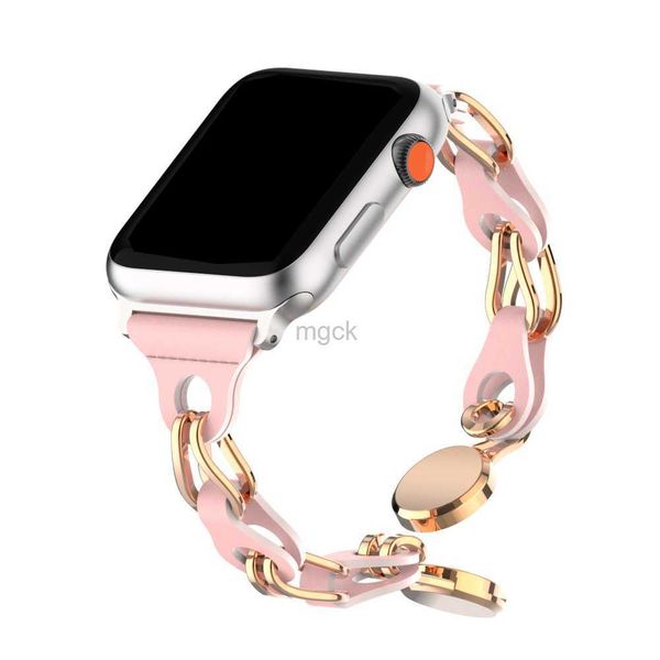 Bands Watch Hollow Out Metal Leather Chain STRAP avec boucle magnétique pour Watch Band Ladies Bracelet Iwatch 8 Ultra 7 5 3 Series Accessories 240308