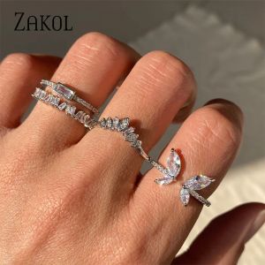 Banden Zakol Shiny Butterfly Zirkoonringen voor vrouwen Girls Koreaanse minimalistische trouwring Verstelbare zilveren kleuren sieraden