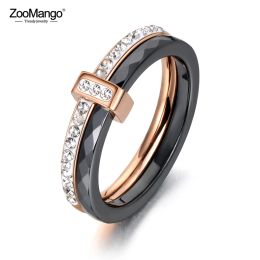 Bandas Zoomango 2 capas Black/White Ceramic Rings Wedding Wedding Wedding Rings para mujeres Color de oro rosa Color de acero inoxidable ZR18054
