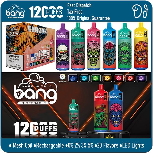 Bang 12000 Puffs E Cigarettes Bar Kit Puff 12K Big Vaper Jetable Vape Mesh Bobine LED Lumières Batterie Rechargeable 20 ml Pods Pré-remplis 0% 2% 3% 5%
