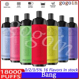 Bang 18000 Puffs Vapes Vapes desechables Cigarrillos electrónicos Puff 18K 0% 2% 3% 5% 24 ml POD Precañado de 0.6ohm Bobina de malla 650mAh Dispositivo de lápiz de aire ajustable recargable