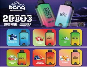 Bang 20000 Puffs Smart Screen Puff 20k E-cigarettes jetables Vape 0% 2% 3% 5% 25 ml Pod prérempli 650 mAh Stylo de batterie rechargeable