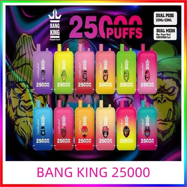 Bang 25000 Bang King 25000 Sont de nicotine 5% 3% 2% 0% Capacité de pod 23 ml Batterie 650mAh Bobine de bobine de bobine de type C de type C Crazvapes 25000 Puff