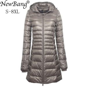 Bang 7XL 8XL Plus Long Down Jacket Femmes Hiver Ultra léger avec manteau à capuche Femme Big Taille Manteaux 211216