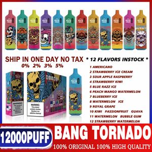 Original Bang Box Puff 12K E Cigarettes Tornado 12000 Puffs Gros Vaporisateurs Jetables Vape Mesh Bobine LED Lumières Batterie Rechargeable 0% 2% 3% 5%