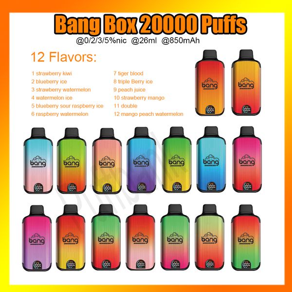 Bang Box 20000 Puffs Pen de desechable 26 ml Cartucho relleno Batería recargable de 18 km Puff Pantalla inteligente Bobina de malla dual vs Bangbox 12000 12k Puff 12000 12k 15000