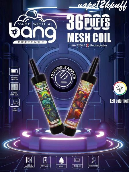 Bang Box 36000puff Electronic Electronic E-Cigarette Puff36k Pré-rempli 40 ml Cable Câble Cable RECHARGable PODS850MAH LED COULEUR LED 5% 3% 2% 0% 12 FLAVORS DTLVAPING