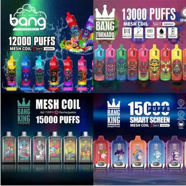 Bang King 12K 13K 15K 12000 13000 15000 Puffs Boîte numérique Tornado Stylo Vape jetable 23 ml Cartouches préremplies Pod 650 mAh Kit de batterie rechargeable E Cigarettes