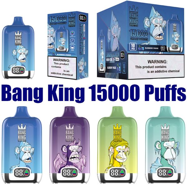 Bang King 15000 Puffs Cigarettes E jetables Vape Puff 15k 0% 2% 5% 25ml Pod prérempli Bobine de maille 650mah Stylo à écran intelligent rechargeable