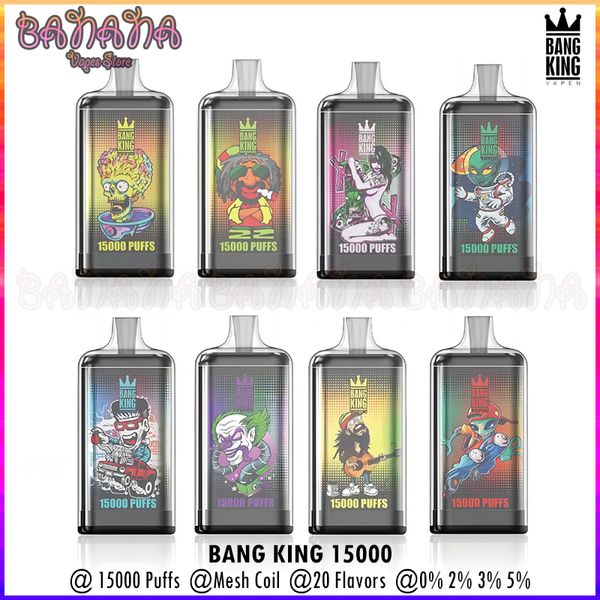 Bang King 15000 Puffs Vapes jetables Box Bar Puff 15K Mesh Coil Cigarettes électroniques rechargeables 25 ml Pod pré-rempli 0% 2% 3% 5% 20 saveurs Vapers