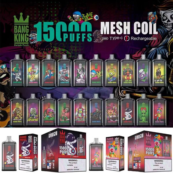 Bang King 15000 Puffs Vape Cigarrillos electrónicos desechables Puff 15k 25 ml Pod precargado 650 mah Batería recargable 0% 2% 3% 5% 20 sabores Pluma