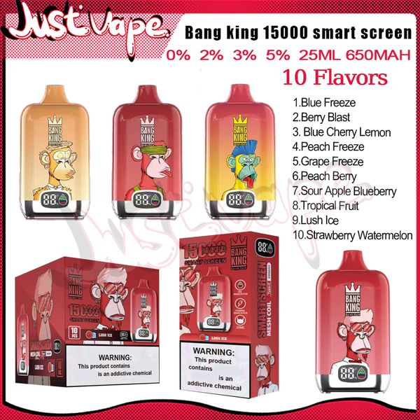 Bang King 15000 Smart Screen Puff Jetable E Cigarettes Mesh Coil 25 ml Pod 650 mAh Batterie Électronique Cigs Puff 15K 0% 2% 3% 5% 10 saveurs Vape Pen