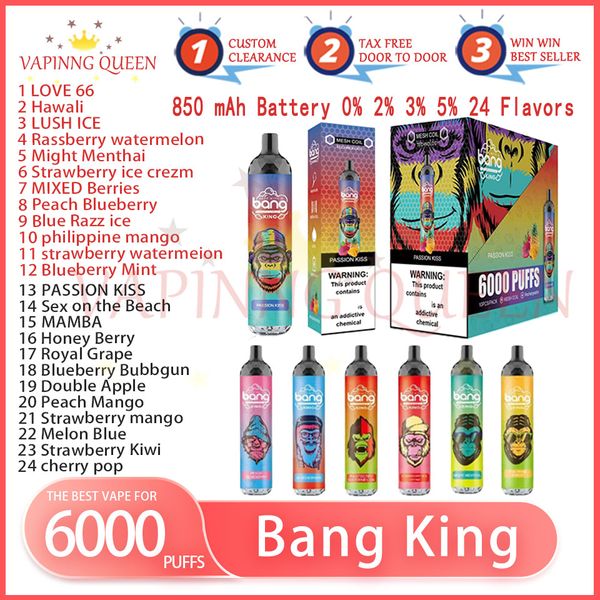 Bang King 6000 Puff E Cigarette jetable 14 ml Liquide 0% 2% 3% 5% Concentration 24 Saveurs Batterie rechargeable 850mAh Bang 6K Puffs Vapes