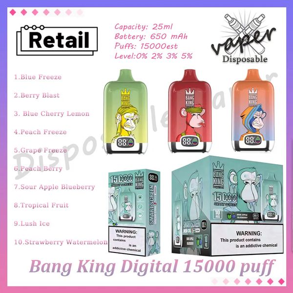 Bang King Digital 15000 Puff Cigarette électronique jetable Écran intelligent 25 ml Bobine de maille pré-remplie 650 mAh Batterie rechargeable 0% 2% 3% 5% 10 saveurs 15k Puffs Vapes