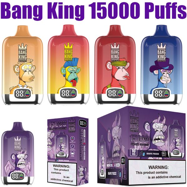 Bang King Digital 15000 Puffs Vape Jetable E Cigarettes Puff 15000 Écran intelligent 25 ml Pod prérempli 650 mAh Batterie rechargeable 0% 2% 5% Stylo