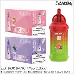 Bang King Puff 12000 12K trekjes E-sigarettenset Elf Box Wegwerp Vape Pen Mesh Coil Oplaadbare 600mAh batterij Vapers 0% 2% 3% 5% 10 kleuren Vaporizers 23 ml capaciteit