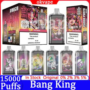 Bang King Puff 15k 15000 Puffs Dernivable E Cigarettes Vape 0% 2% 5% 25 ml Pod préfabillé 1,0 ohm Bobine de maille 650mAH VACTER DE BATTERIE RECHARGable 20 FLAVORS PEN