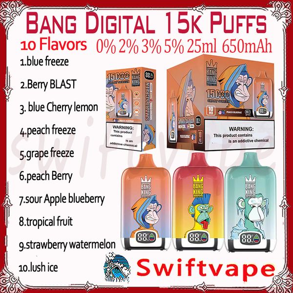 Bang King Smart Screen 15000 Puff Jetable E Cigarette 10 Saveurs 25ml Pod Batterie Rechargeable 650mAh 15K Puffs 0% 2% 3% 5% RBG Light Vape Pen Kit Livraison rapide