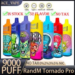 All-New Randm Fumot Tornado 9000 Pro Puffs 9k Vape Disposable 0,8 ohm Mesh bobine 18 ml POD Batterie rechargeable E Cigarettes RGB LUMIÈRE 48 FLAVORS AFFICHAGE DE BATTERIE