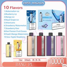 Nuevo cigarrillo electrónico BANG PL 10000 puff 15 ml Cartucho precargado 10 sabores 0% 2% 3% 5% concentración 10000 Puffs 500mAh batería recargable Pluma vape desechable