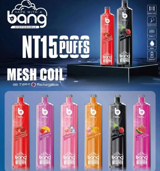 Bang TN 15000 Puff Vape E-cigarettes jetables 15K Puff 25 ml Bobine de maille de pod pré-remplie 650mAH Batterie rechargeable 0% 2% 3% 5% Pen en stock