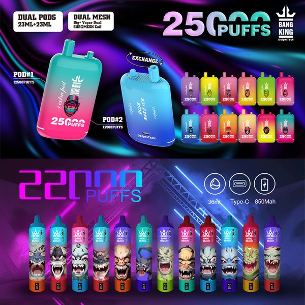 Bang King Beach 22000 25000 Puffs Disposable E Cigarettes Smart Screenpuff 22k 25k 0% 2% 3% 5% 23 ml + 23 ml Batchage à double pod