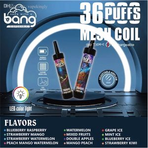Bang 36000 Puffs Vapes Wegwerp E Sigaretten 0% 2% 3% 5% 40 ml Voorgevulde pod 0,6 OHM MESH MEIL 650 MAH Oplaadbare batterij Verstelbare Puff 36K 25K Shisha Puff 15K
