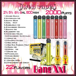 Bang XXl 2000 Puff Vape jetable 2K Puffs E Cigarettes Vaper 800mAh Dispositif de batterie 6ml Cartouche Pod Bar 2% 5% 6% Kit de saveur niveau 22 Fabricant de source d'expédition rapide